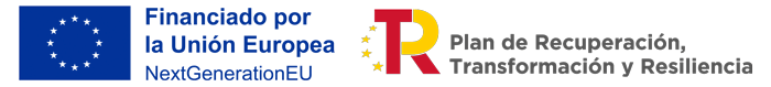 Logotipo con la bandera de la Unión Europea a la izquierda y el logotipo del “Plan de Recuperación, Transformación y Resiliencia” español a la derecha, con una “R” estilizada con la bandera española y estrellas europeas.